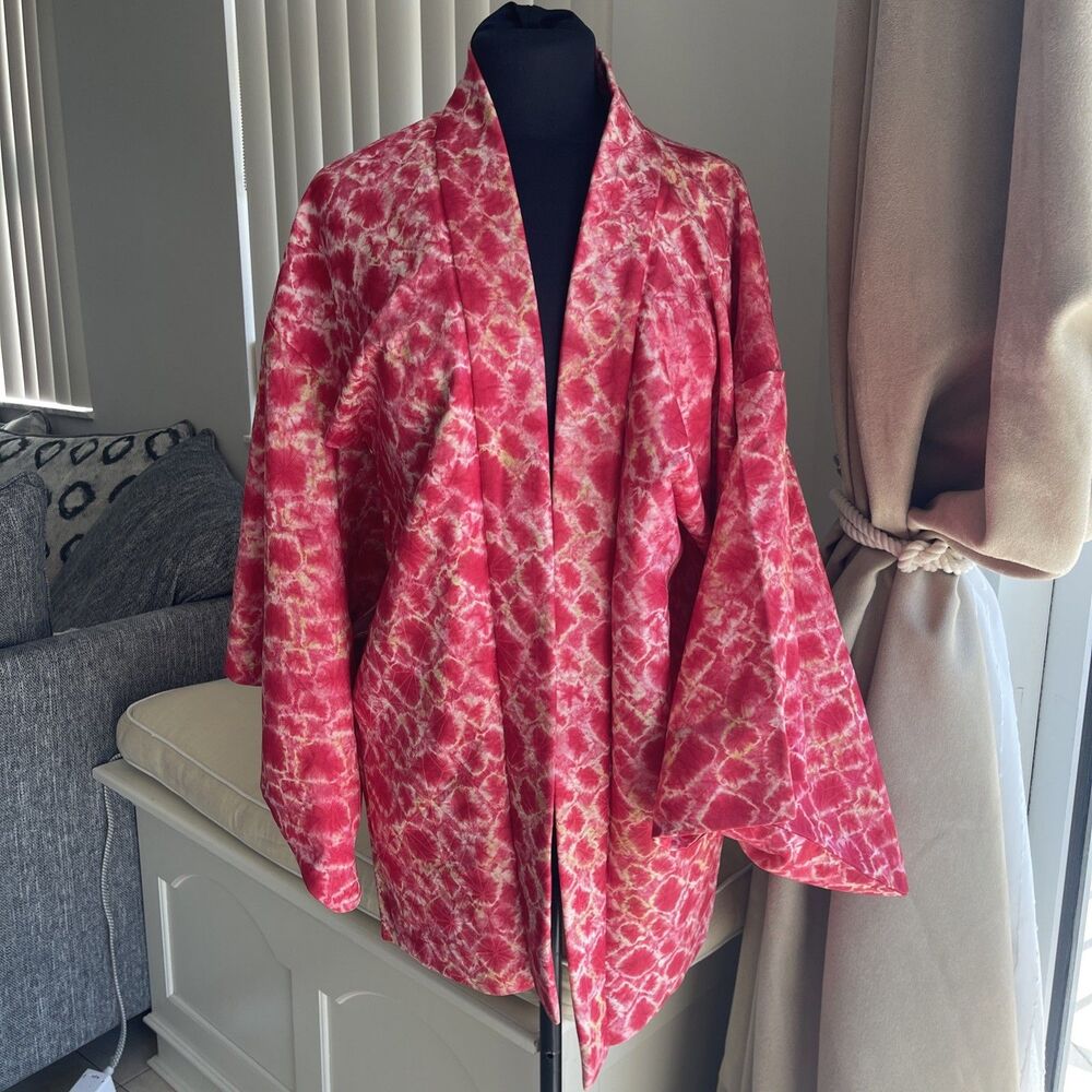 Vintage Kimono Haori 100% Silk Jacket Lined Silk Shibori  Sakura S